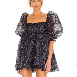 Selkie Purple and Black Floral Puff Dress